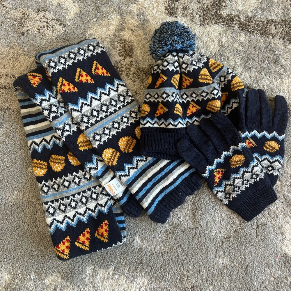 Gymboree boys hat mitten scarf knit set pizza burgers print size m/l